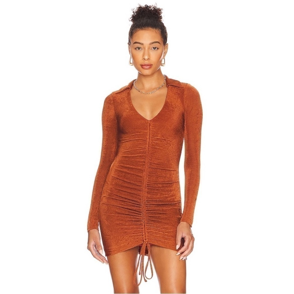 NEW! Superdown PENELOPE Ruched Mini Dress XS Burnt Orange Gold Brown Sexy Club